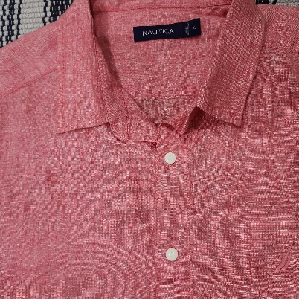 Nautica Mens XL 100% Linen Coral Pink Short Sleeve Button Up Shirt - Picture 3 of 7